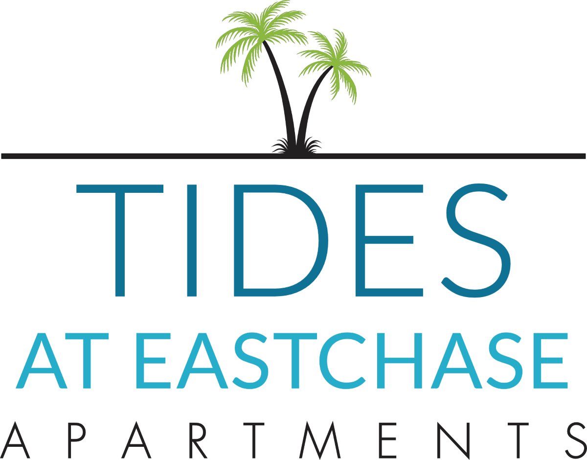 A logo for Tides at Eastchase Apartments featuring two palm trees.